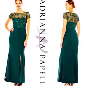 ADRIANNA PAPEL DUSTY EMERALD GREEN BEADED CRÉPE GOWN SIZE 16